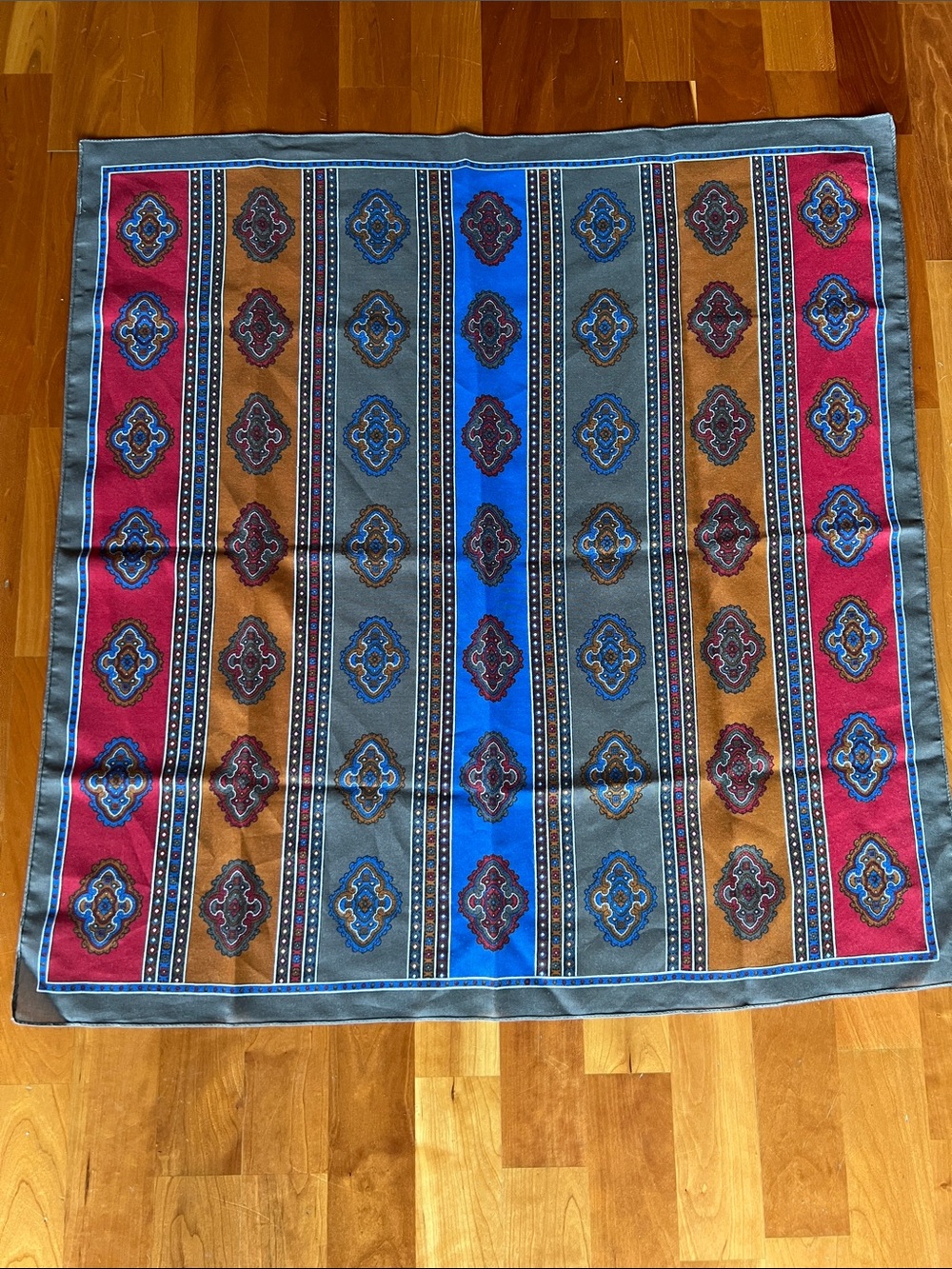 Vintage-Inspired Multi-Stripe Medallion Silk Scarf - Blue, Gray, Gold, Red 30 in